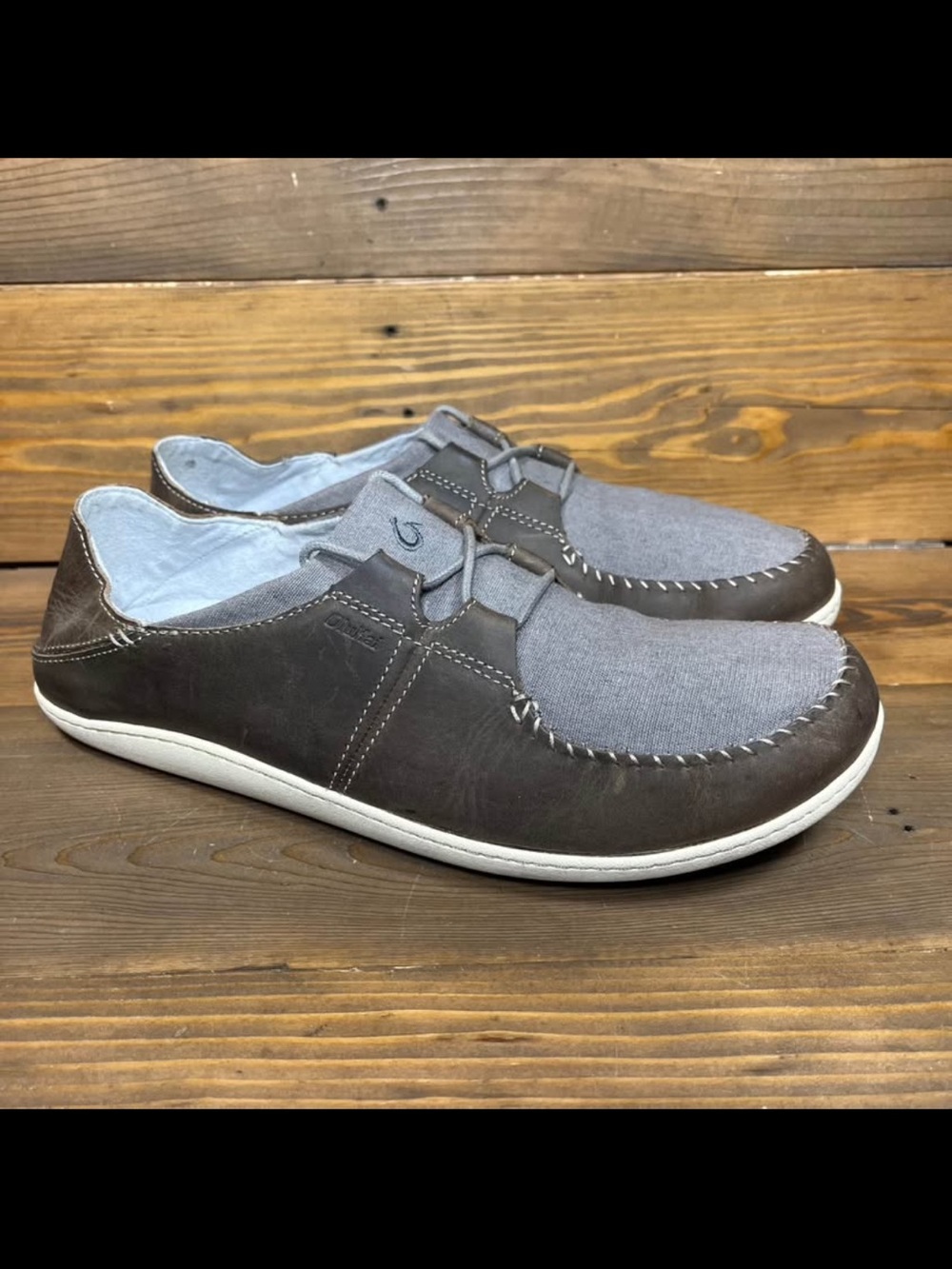 Olukai Honua Leather Canvas Gray Brown Lace Up Slip On Shoes (Men’s Size 11.5)